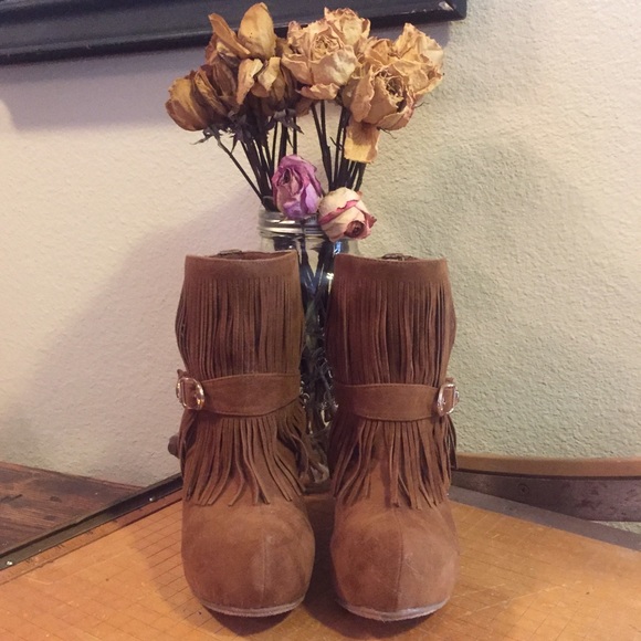 Fringe wedge booties by Bamboo.
