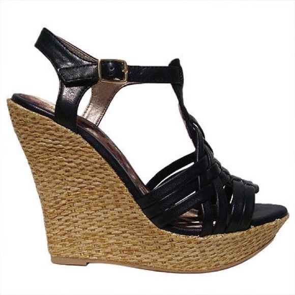 New Black Strappy Open Toe Platform Wedge