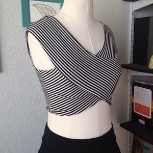 Cross over black and white striped crop top