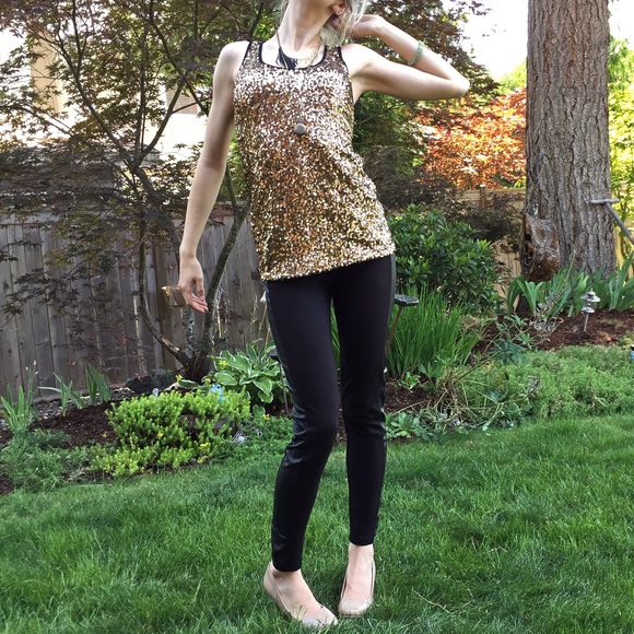 INC gold sequin black mesh mixed media tank top - Picture 3 of 4