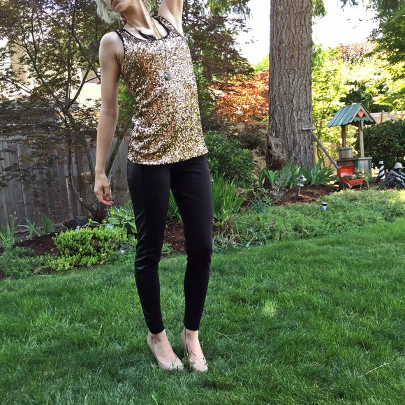 INC gold sequin black mesh mixed media tank top - Picture 4 of 4