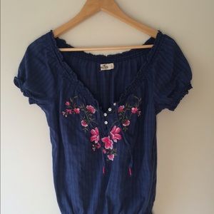 Navy Floral Peasant Blouse