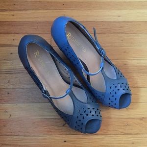 Blue Leather Mary Janes with Stacked Heel
