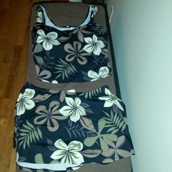 Floral Black Brown Tan Tankini and Skirt Set