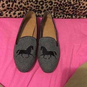 J. Crew grey loafers with sown on black horses