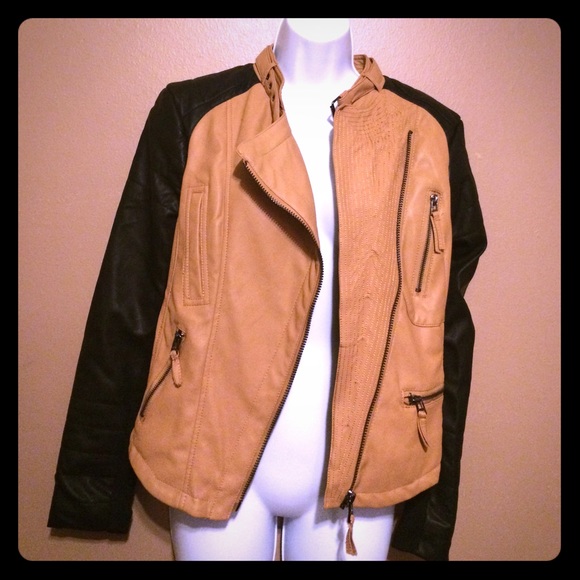 Leather Tan & Black Biker Jacket