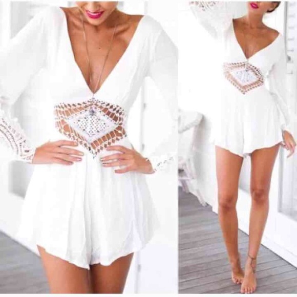 white long sleeve lace romper