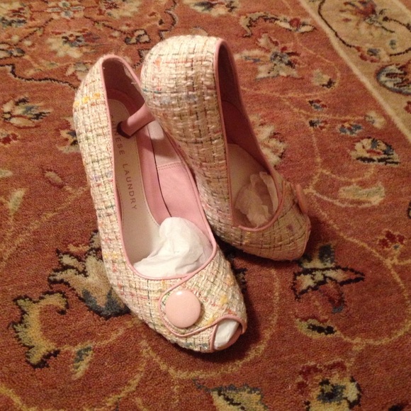 Pink tweed peep toe pumps
