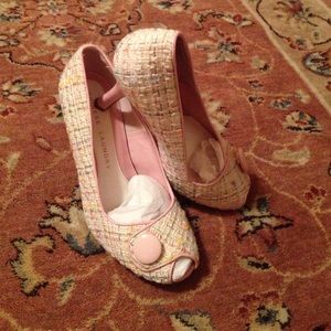 Pink tweed peep toe pumps