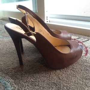 Brown open toe sling back pumps, size 6.5