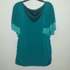 Emerald green top ruched sides and flutter sleeves