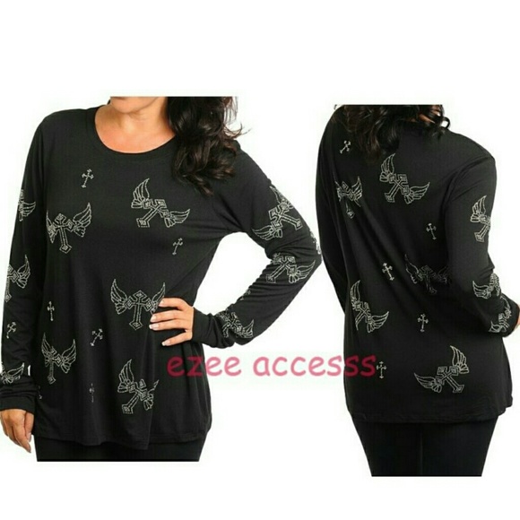 Long sleeves t-shirt tattoo angle wing cross top - Picture 2 of 2