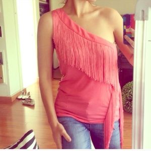 Bebe one shoulder coral fringe top size Large