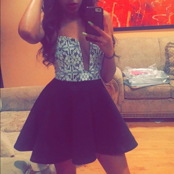 Black and white low cut flare dress