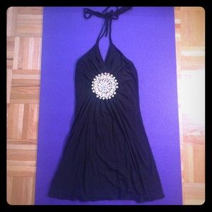 Black halter tie embellished crystal mini dress