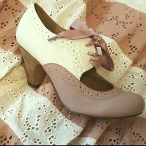 Pink and cream ribbon-tie oxford heels