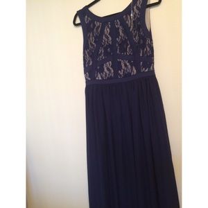 Beige by eci. Dark Blue Lace Gown Saks fifth ave.