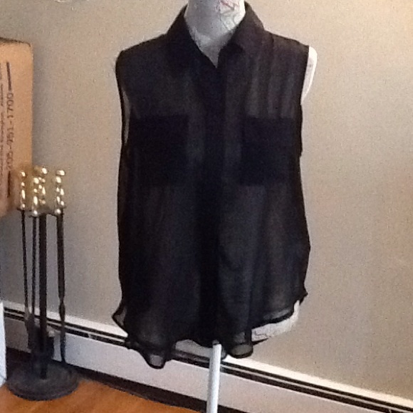 Dots Tops - Sheer black button front blouse with 2 pockets