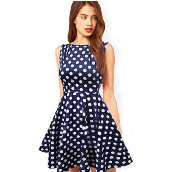 Fit and flare blue polka dot dress