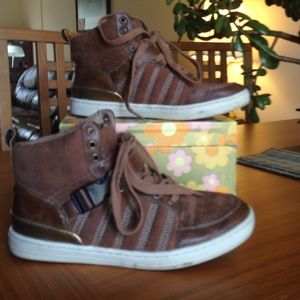 Brown leather/suede-look hi-tops w gold trim size8