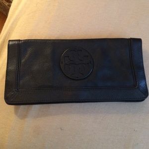 Tory Burch black pebbled leather clutch