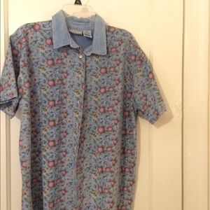 Over-sized floral denim button up