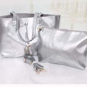 NWT Silver Tote with smaller makeup zipper pouch