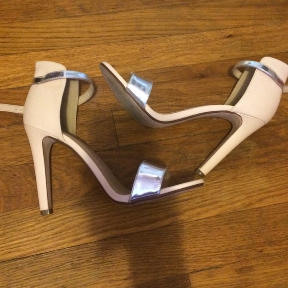 Nude and silver ankle strap heels