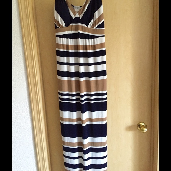 White, tan, navy stripped maternity maxi dress.