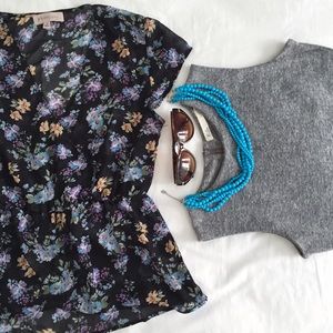 Black Floral Sheer Peplum Top - Small