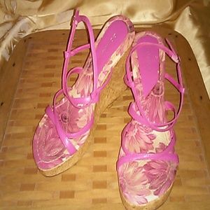 Pink strappy cork wedges