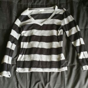 gray and black striped v neck sweater