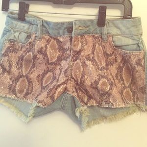 Sequin Reptile Print Denim Cutoff Shorts