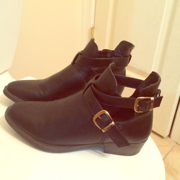 Black Leather Moto Cut Out Ankle Boot