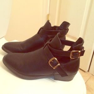 Black Leather Moto Cut Out Ankle Boot