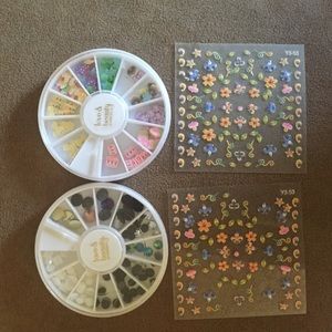Nail decals, jewels, and 3d art