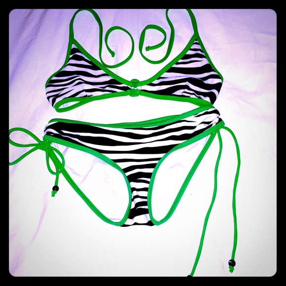Green Trimmed, Black & White Zebra Print Bikini.