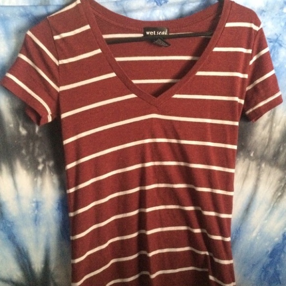 Wet seal burgundy with white stripes v-neck shirt
