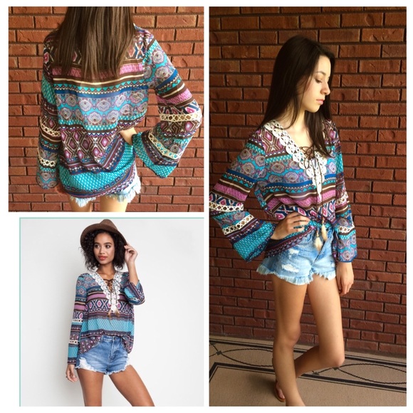 Teal Printed Lace Up Top