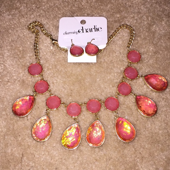 Coral Gem Stone Necklace & Earring Set