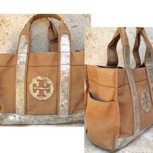 Tory Burch Dark Camel Canvas Tote Metallic Trim Lg