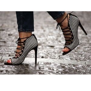 Zara Black & White Checkered Lace Up Heels