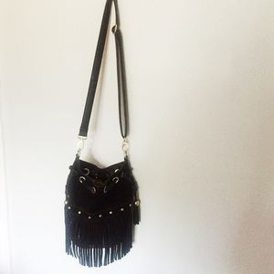 Black fringe cross body bag