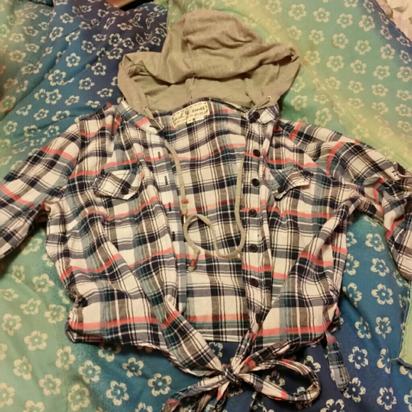 Hooded plaid over shirt with tie.