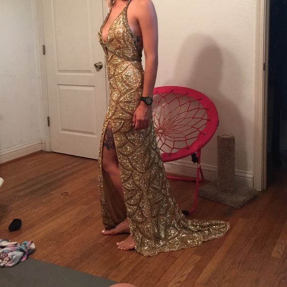 gold sequence prom dress