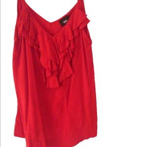 Red spaghetti strap blouse with ruffles.