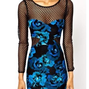 ASOS Blue Velvet Print Mesh Insert Dress - Multi