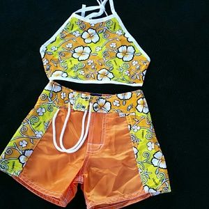Yellow orange hawaiian swim set