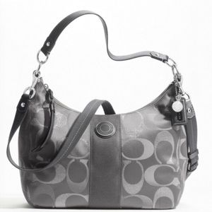 Grey coach signature stripe hobo bag