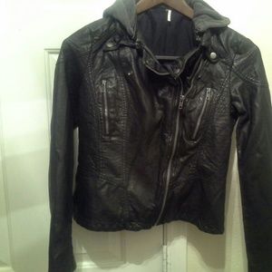FREE PEOPLE VEGAN HOODED LEATHER JACKET